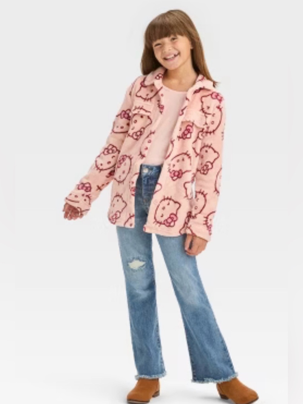 Hello Kitty Light Pink Fleece Button-Up Jacket with Character Print